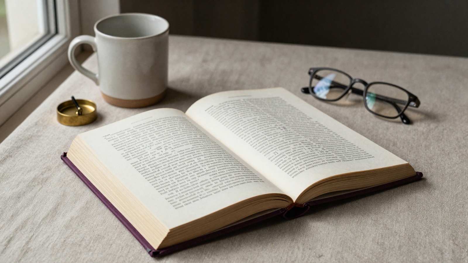 A Volume open on a linen surface beside a mug, glasses, and a brass paperweight